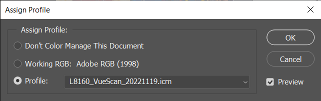 Photoshop Edit > Assign Profile dialog
