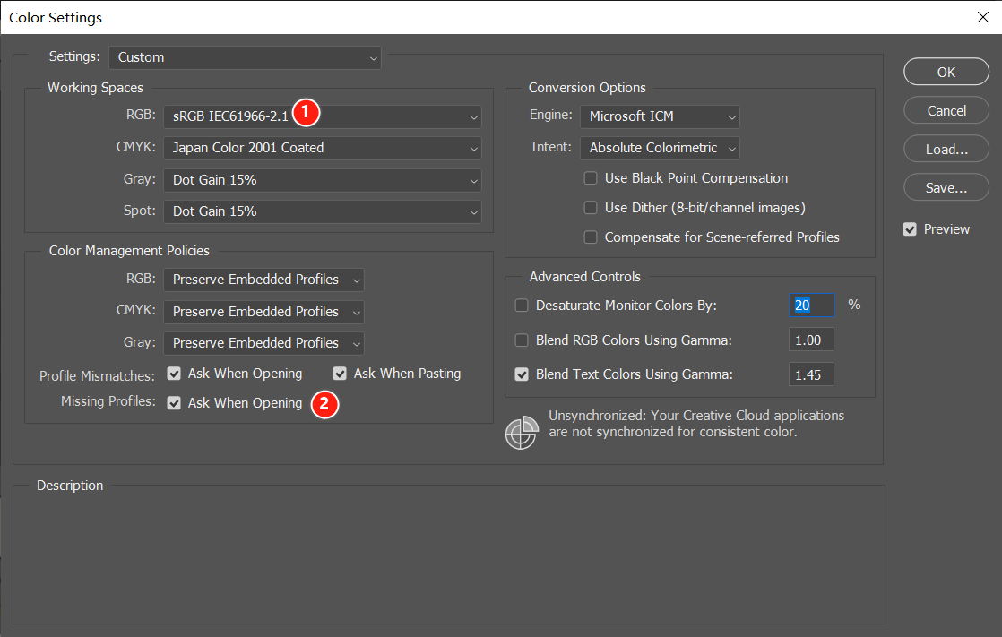 Photoshop Color Settings dialog