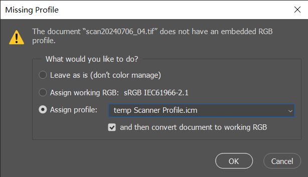 Photoshop Missing Profile dialog