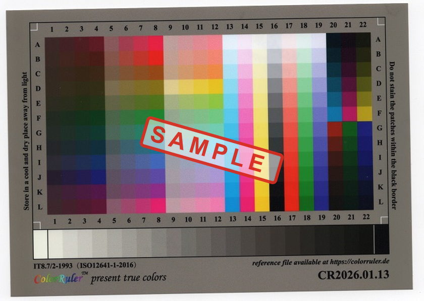 Example of a usable scan: a ColorRuler IT8.7/2 target lying flat on the 