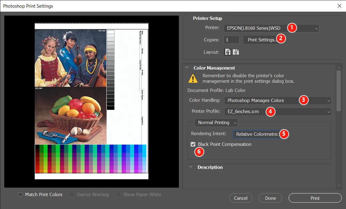Photoshop Print Settings dialog with the color management fields